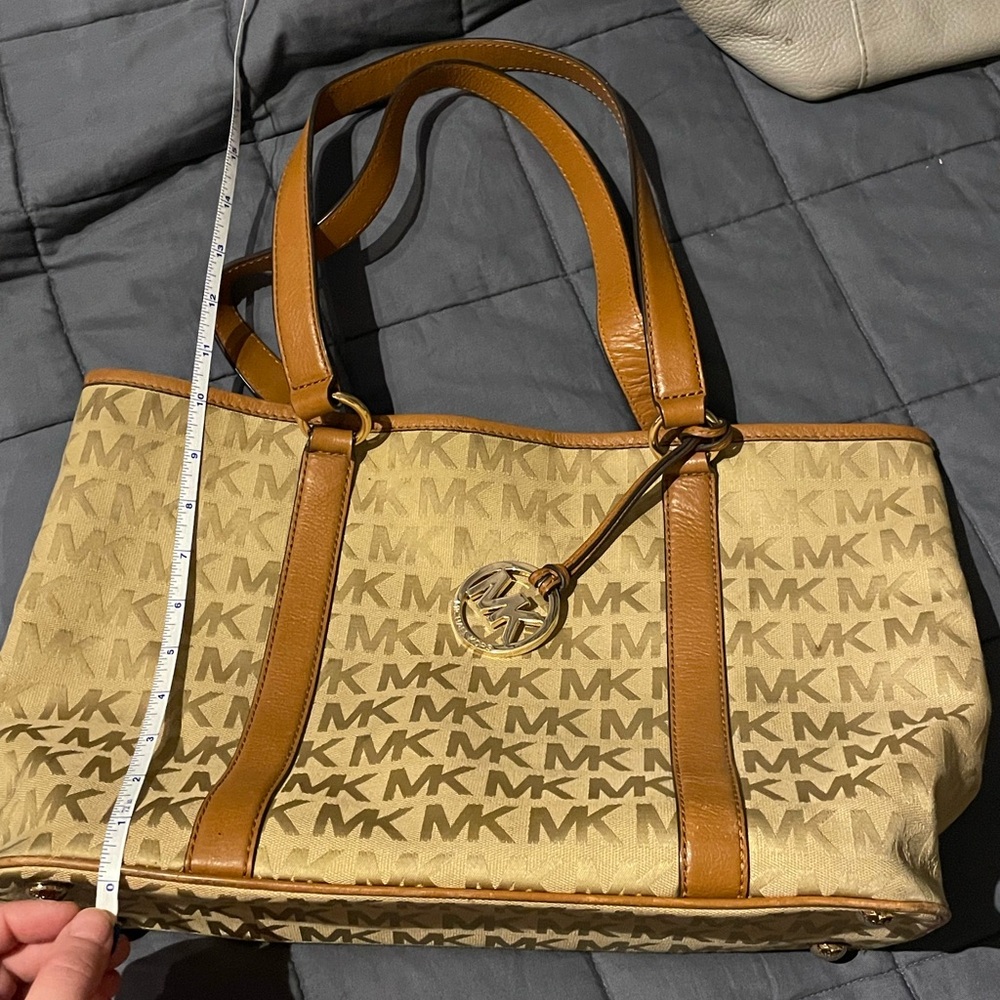 Michael Kors Beige Monogram Tote with Tan Leather Trim and Gold Charm